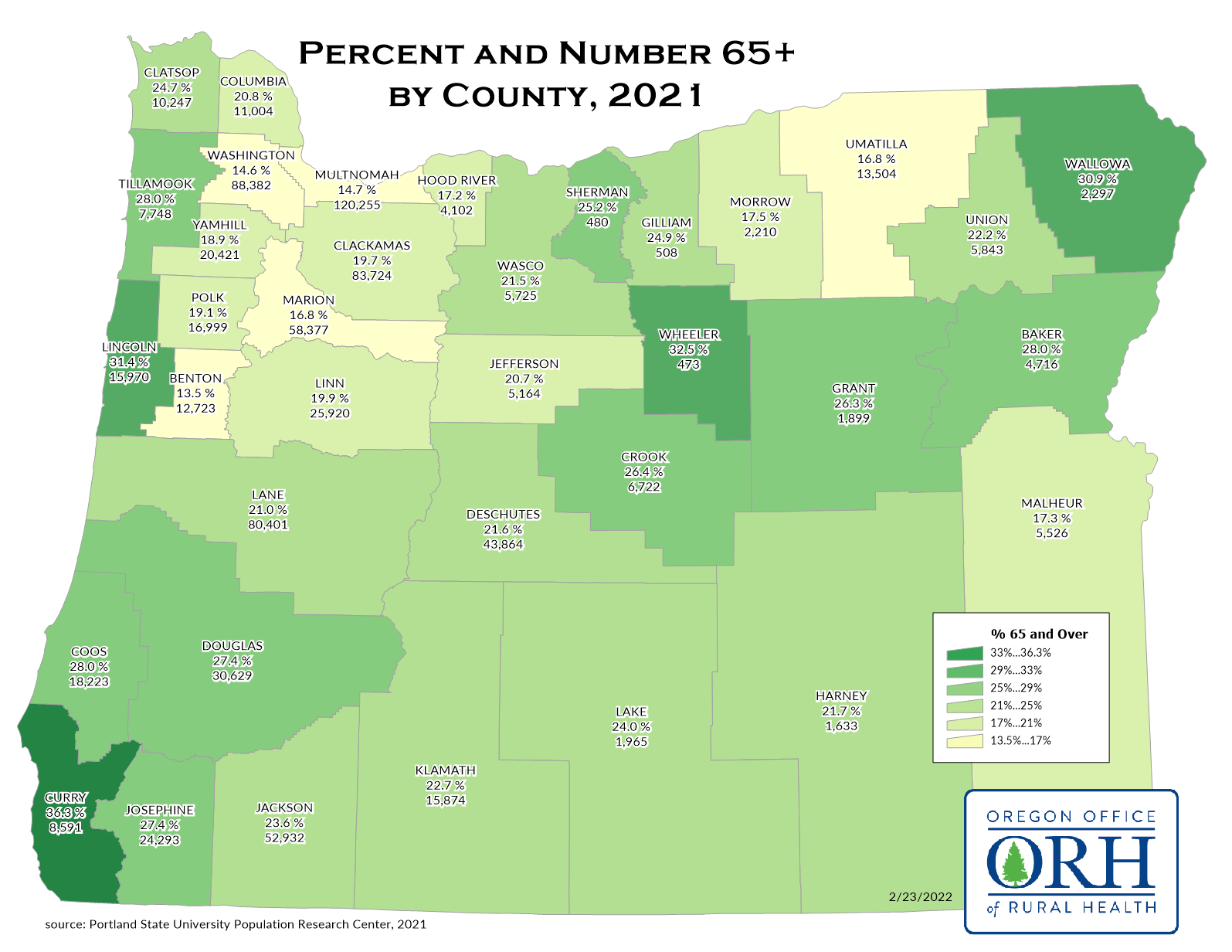 % over 65 map in OR by county 2021