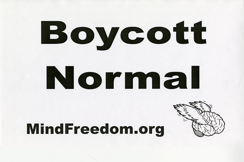 "Boycott Normal" poster with MindFreedom logo and website 