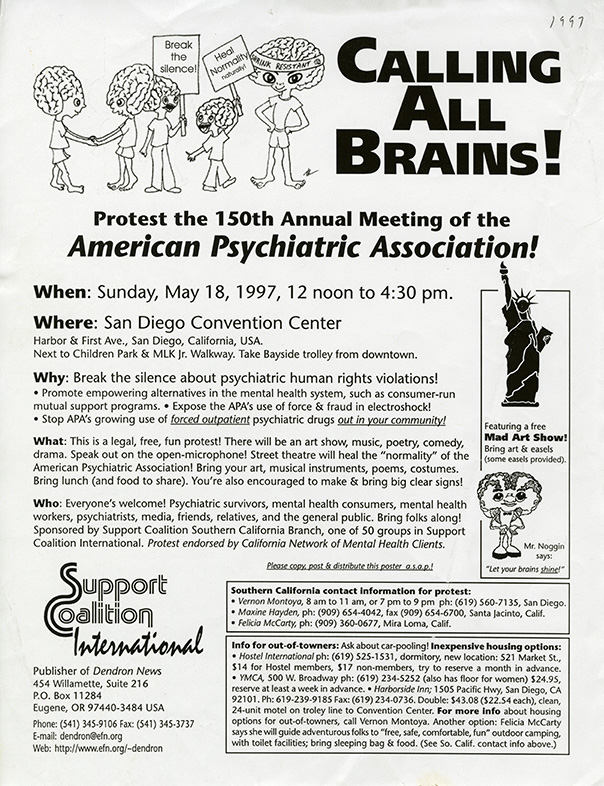 "Calling all brains" protest flyer. Text invites viewers to protest the 150th annual meeting of the American Psychiatric Association supported by Support Coalition International.