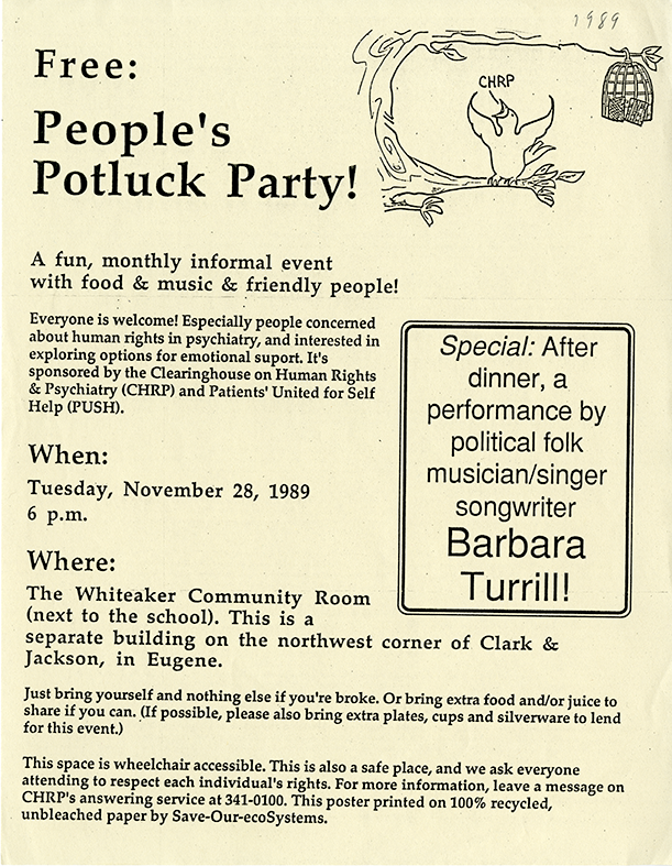 Flyer for Free People's Potluck Party with a performace by political folk musician Barbara Turrill. Tuesday November 28, 1989