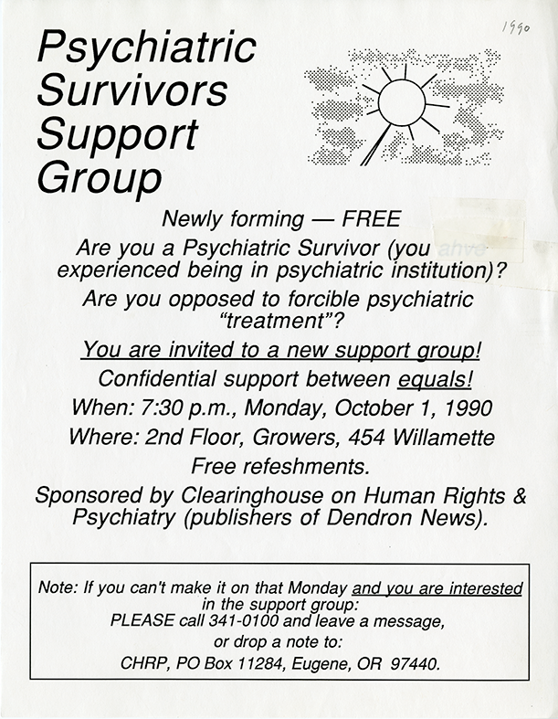 Flyer for Psychiatric Survivors Support Group. First meeting Monday, October 1, 1990.