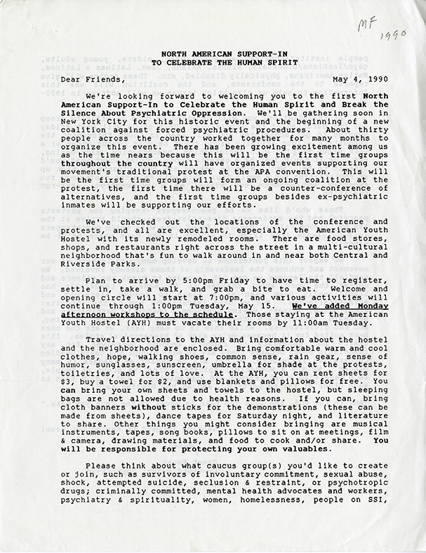 Letter to attendees of the North American Support-In to Celebrate the Human Spirit, 1990. The letter describes the event, travel directions, and registration instructions. In the last paragraph, co-coordinator Janet Foner emphasizes the expectation that the conference “develop many new leaders of our movement and enhance the leadership of those already involved.”