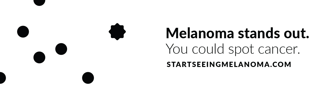 Many spots surround one misshapen spot, in front of the words "Melanoma Stands Out"