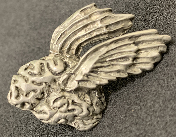 Pewter pin form of a brain with two wings 