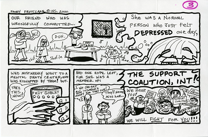 "Fanny fruitcake" cartoon depicts a person who is depressed being forcibly committed, with the Support Coalition International coming to assist them.