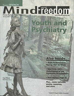 MindFreedom Journal cover. Green forest image with scuplture of child. Issue title" Youth and Psychiatry"