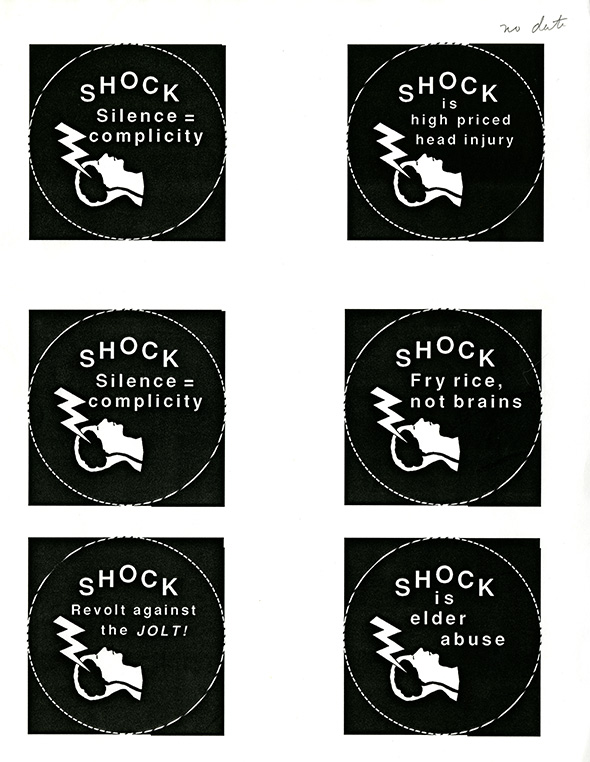 Six logos for shock resistance feature a lightning bolt and slogans "Shock: silence is complicity," "Shock: Fry rice, not brains" and "Shock is elder abuse"