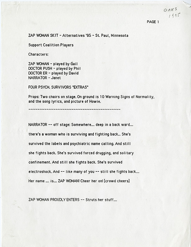 Front page of Zap Woman skit identifies the skit as being performed at the Alternatives '95 conference in St. Paul, MN. 