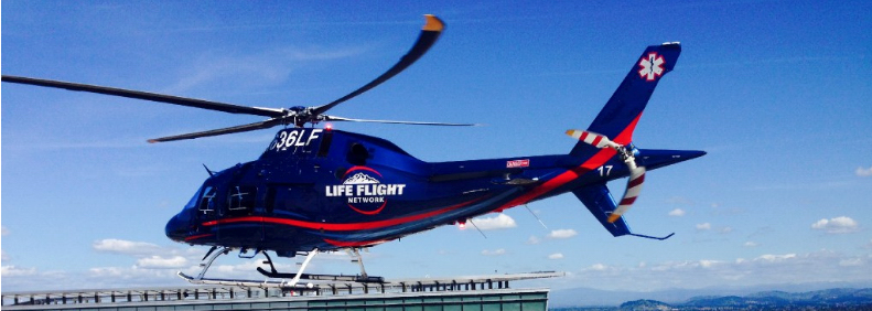 The Life Flight helicopter landing on the hospital roof.