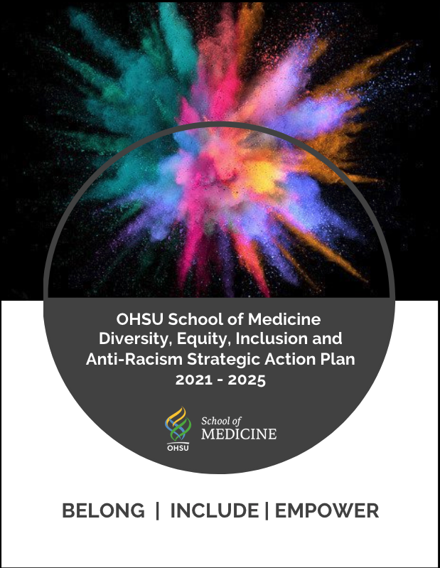 Front cover of the OHSU School of Medicine Diversity, Equity, Inclusion and Anti-Racism Strategic Action Plan 2021-25. Image of an explosion of colorful powder on a black background.