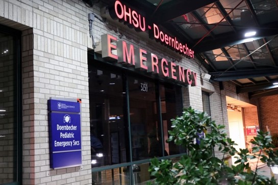 The front doors of the Trauma Center at OHSU Doernbecher