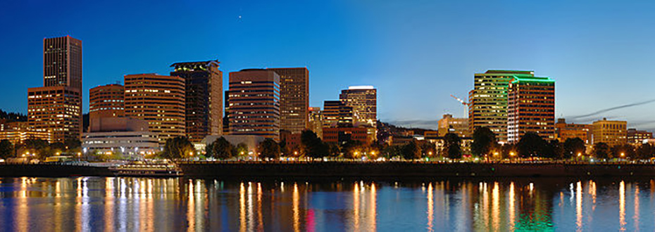 Portland Oregon skyline and river at night