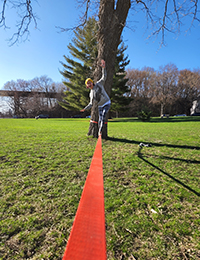 A woman balancing herself on a tightrope in a park on a sunny day.