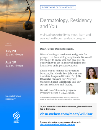 A digital flyer for the Dermatology, Residency and You event