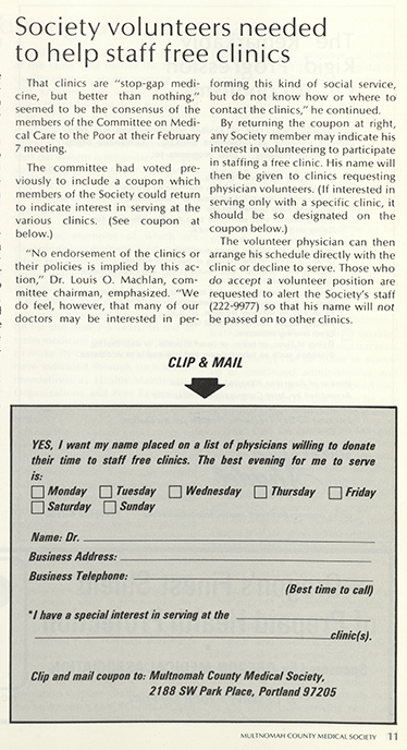 Clipping of "Society volunteers needed to help staff free clinics" article requesting physicians sign up for free clinic shifts.