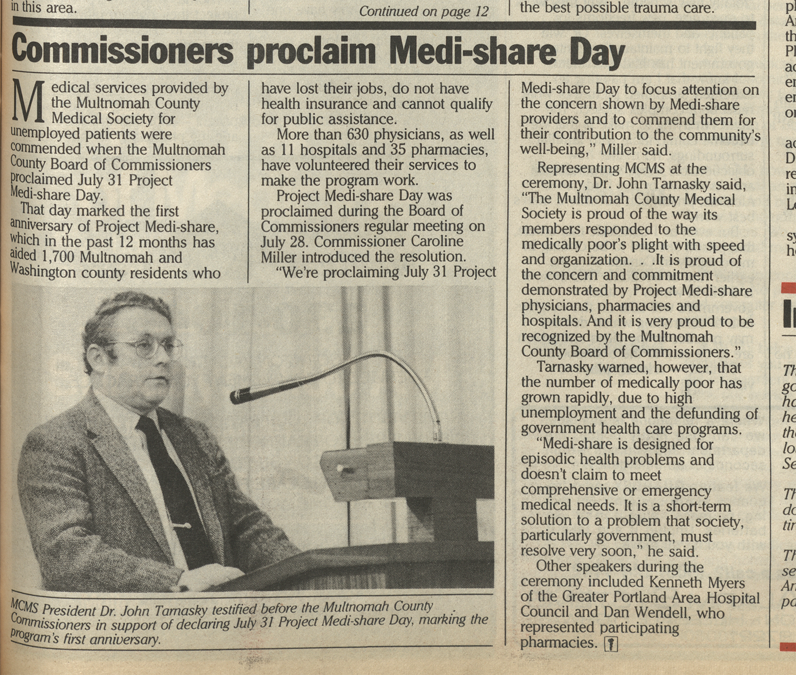 "Commissioners proclaim Medi-share Day" article notes the Multnomah County Commission declared July 31, 1983 as Medi-share Day.