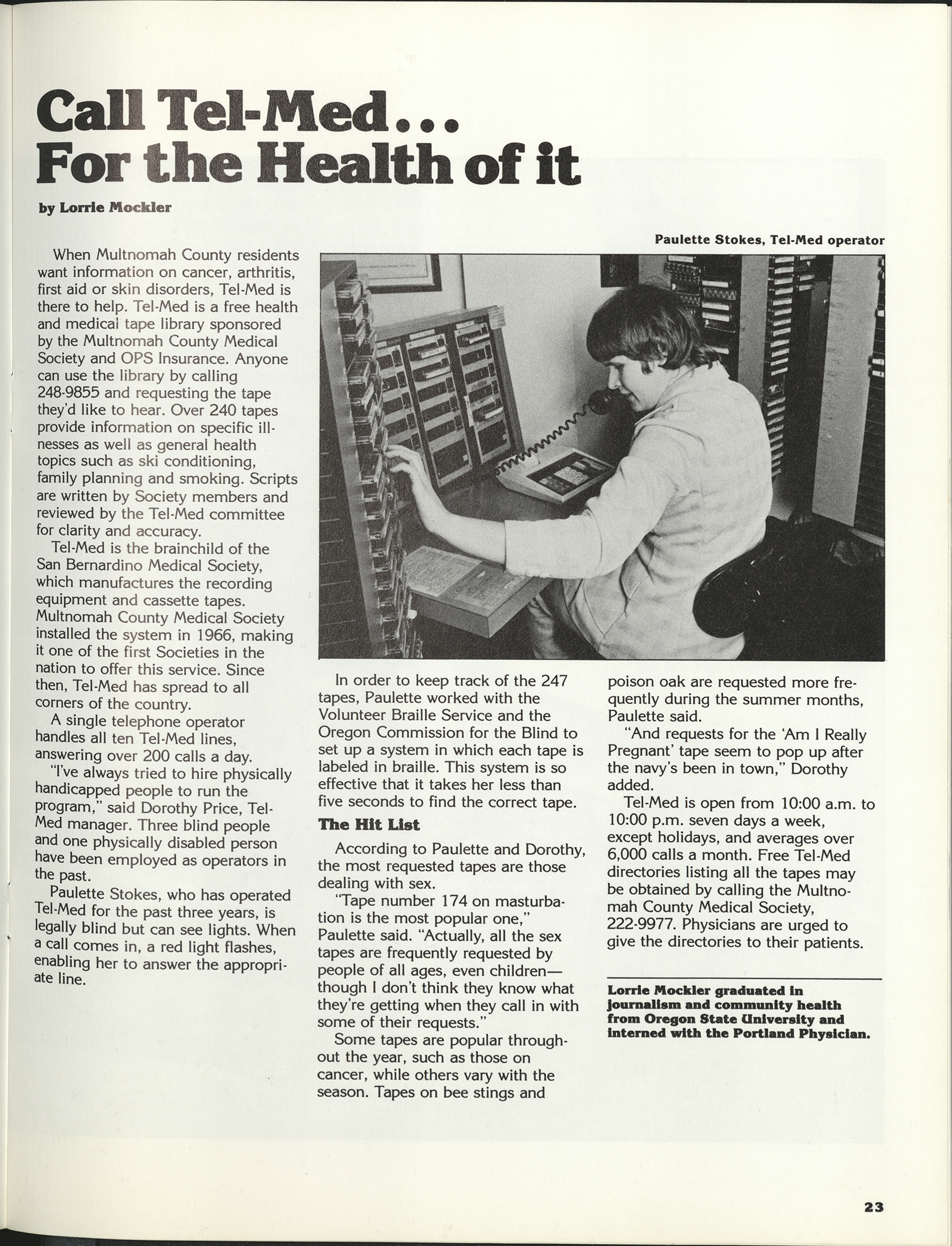 “Call Tel-Med… for the health of it” article, Portland Physician, September/October 1982. 