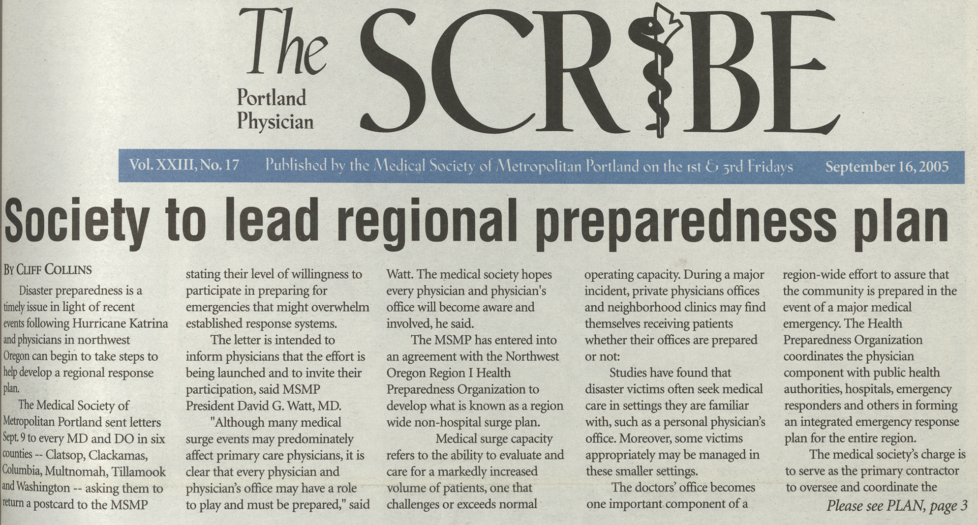 The Scribe cover story: "Society to lead regional preparedness plan"