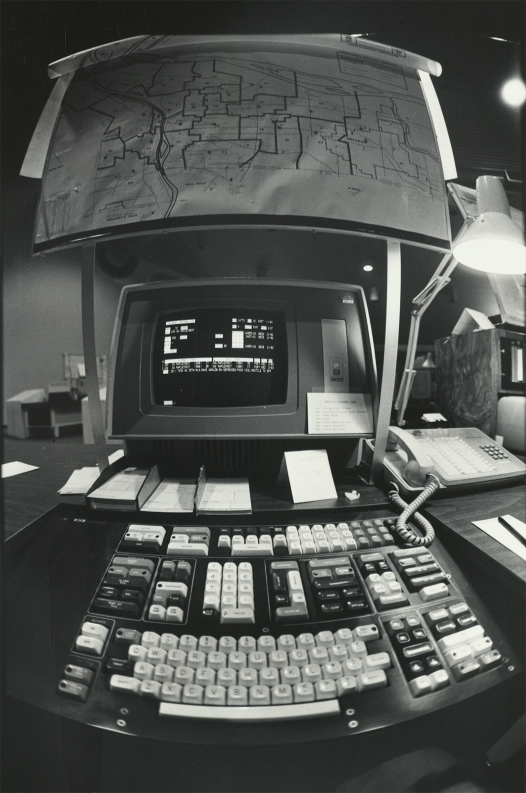 Black and white photograph of a large Emergency Medical Services computer 