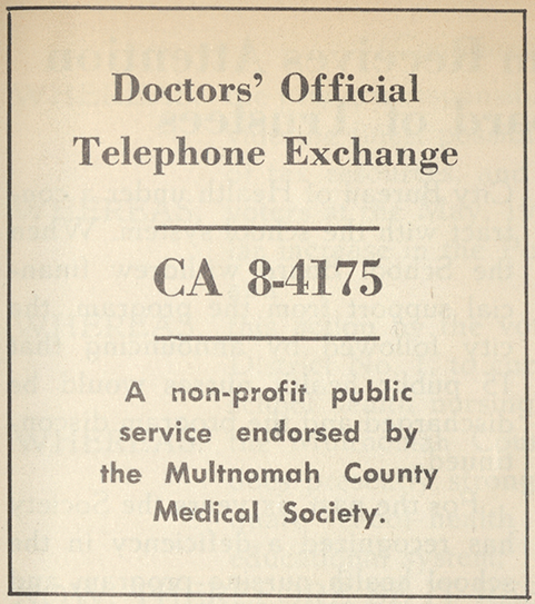 "Doctors Official Telephone Exchange: CA 8-4175. A non-profit public service endorsed by MSMP."