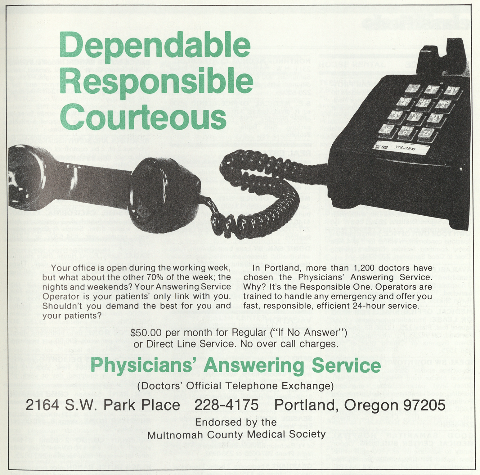 "Dependable, Responsible, Courteous" advertisement for the Physicians' Answering Service