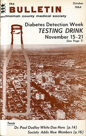 MCMS bulletin cover depicts art for Diabetes Detection Wink testing drink, November 1964