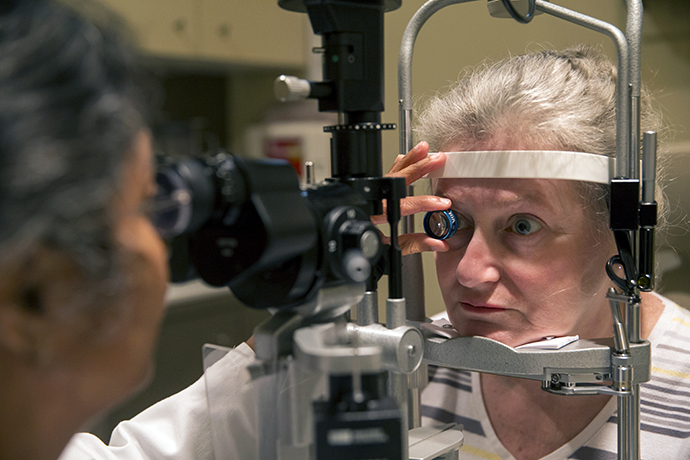 A women gets an eye exam.