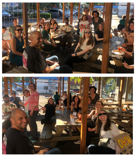 Gender Equity in Academic Radiology members gather around picnic tables and smile for the camera.