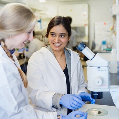 Two researchers work together at a microscope in an OHSU lab