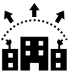 Icon of a building with externally pointing arrows, which represents the external efforts to align research informatics strategy across the institution.