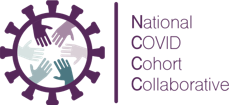 Logo for the National Covid Cohort Collaborative. Purple virus ring with multi-colored hands in the middle.