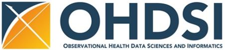 Logo for the Observational Health Data Sciences and Informatics (or OHDSI, pronounced "Odyssey") program. Dark blue letter next to a blue and orange square with white lines through it.