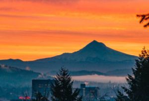 Silhouette of Mt. Hood at sunset with a view of the city through some trees. Fog is starting to roll in.