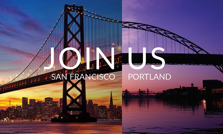 Images of Portland and San Francisco bridges that says "Join Us"