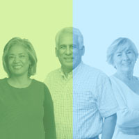 three older adults overlaid with a transparent yellow and blue filter