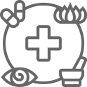 Icon of a hospital cross symbol surrounded by pills, plants, a mortar and pestal, and an eye.