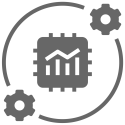 Icon of a bar graph surrounded by a circle with gears orbiting the graph.