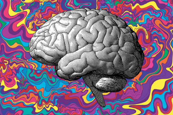 brain with groovy colors in background