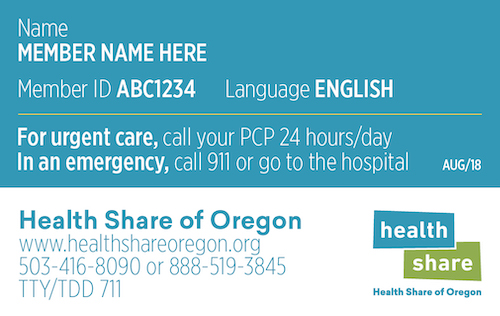 Front side image of 2020 Health Share of Oregon ID Card.