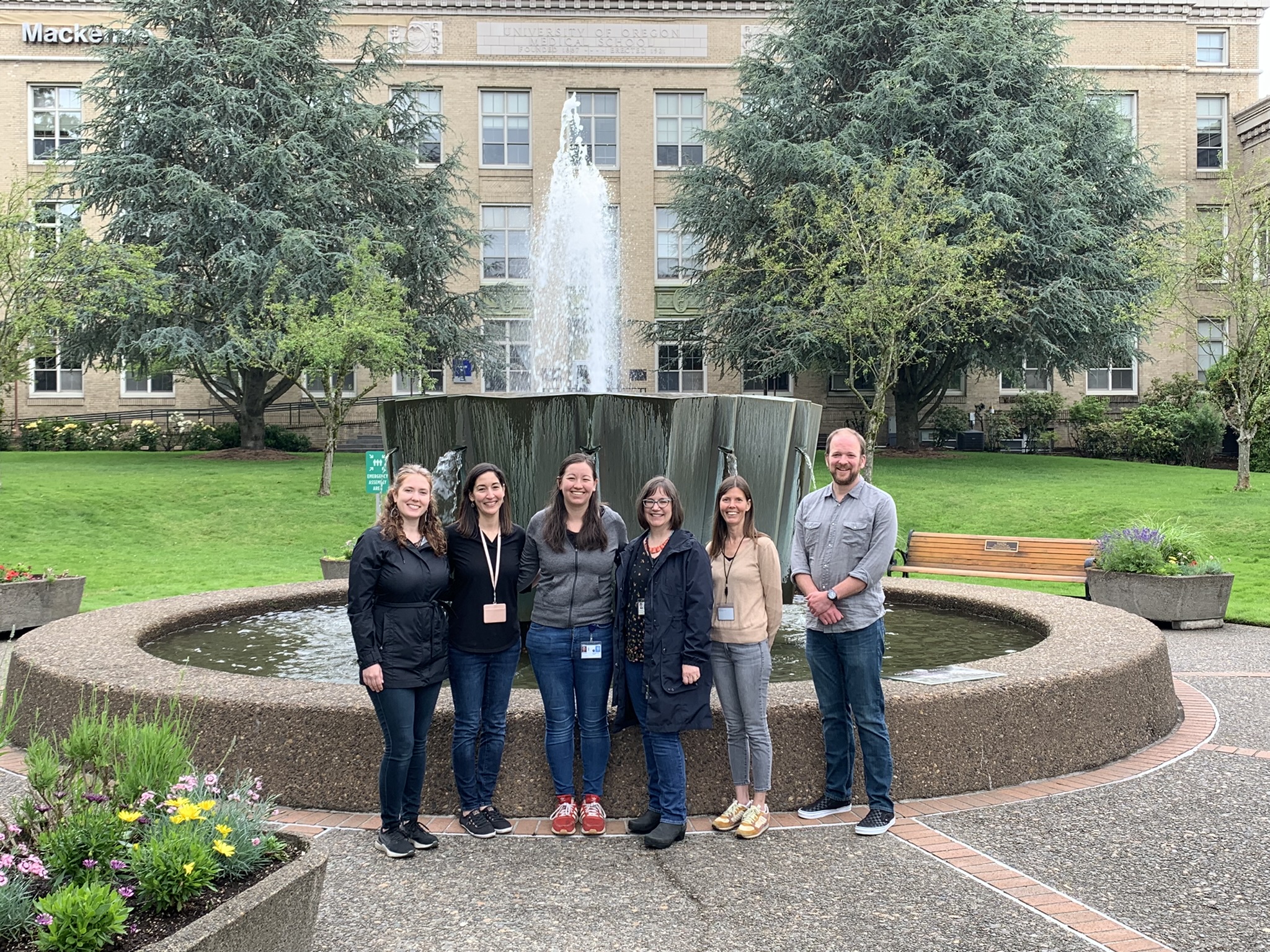Group photo of lab members on OHSU campus (left to right: Ashley Gregor, Gabriela Elizondo Cardenas, Shannon Babcock, Melanie Gillingham, Tiffany Devine, Garen Gaston)