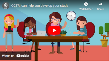 Screen clip of a video on OCTRI's Clinical Research Development Team that shows 4 animated people sitting around a table looking at research on a laptop.