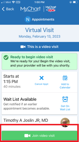 MyChart join video visit button
