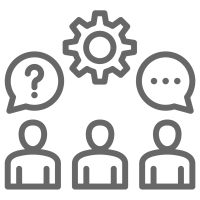 Grey and white icon of three people with a question bubble, a thought bubble, and a gear above them.