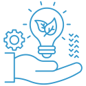 Blue toned icon of a hand holding a lightbulb in its palm. There are leaves inside the lightbulb with a gear placed to the left and upward pointing chevrons to the right.