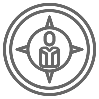 Grey icon of a person embedded into the center of a compass.