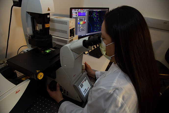 Dr. Diana Lozano conducts glaucoma research at a confocal microscope