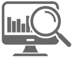 Grey icon of a computer monitor with a bar graph on it, and a magnifying glass zooming in on the data.