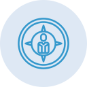 Dark blue icon of a person embedded within a compass. Overlaid on a light blue circle.
