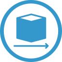 Blue icon of a cube-shaped box with a right facing arrow under it, both encompassed by a circle.
