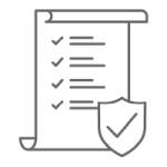 Grey icon of a checklist on a scroll with a seal of approval in the lower right hand corner.